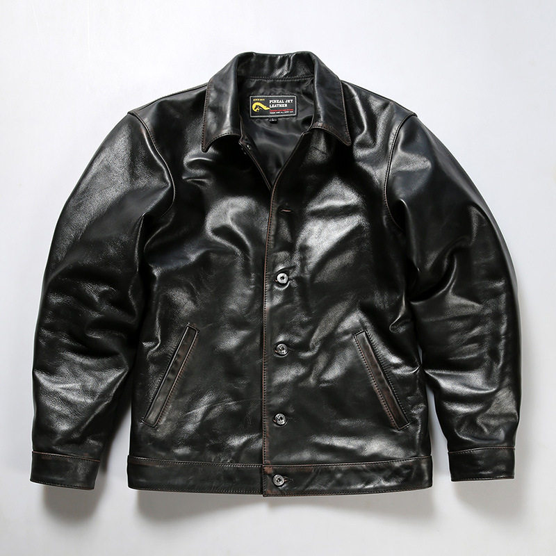 春秋真皮机车茶芯马皮皮衣男士日系复古翻领真皮夹克