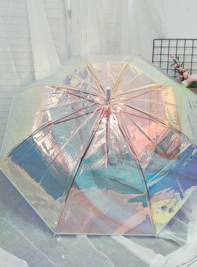 新款出口欧洲镭射炫彩太阳光照渐变色网红时尚彩色女士长柄透明伞