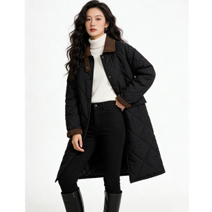 宽松菱格羽绒服棉衣棉服女春秋冬装中长款立翻领风衣大衣外套休闲