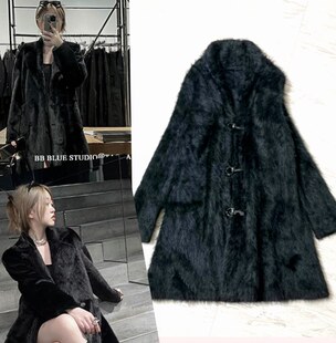 翻领风大衣外套开衫 中长新针织西装 水貂毛毛衣皮草女春秋冬装 韩版