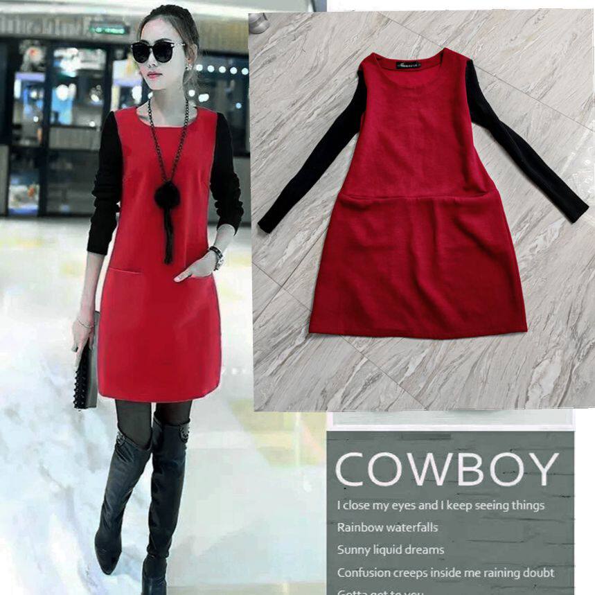 假两件女春秋装长袖打底衫气质职场修身中长款连衣裙子上卫衣包臀