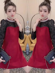 小香风气质女春秋装直筒白领修身显瘦长袖打底裙蕾丝拼接连衣裙子