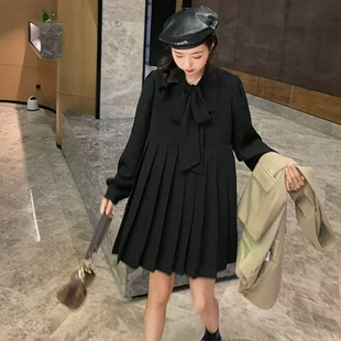黑色蝴蝶结绑带百褶雪纺打底中长款长袖连衣裙子女夏春秋装A字型