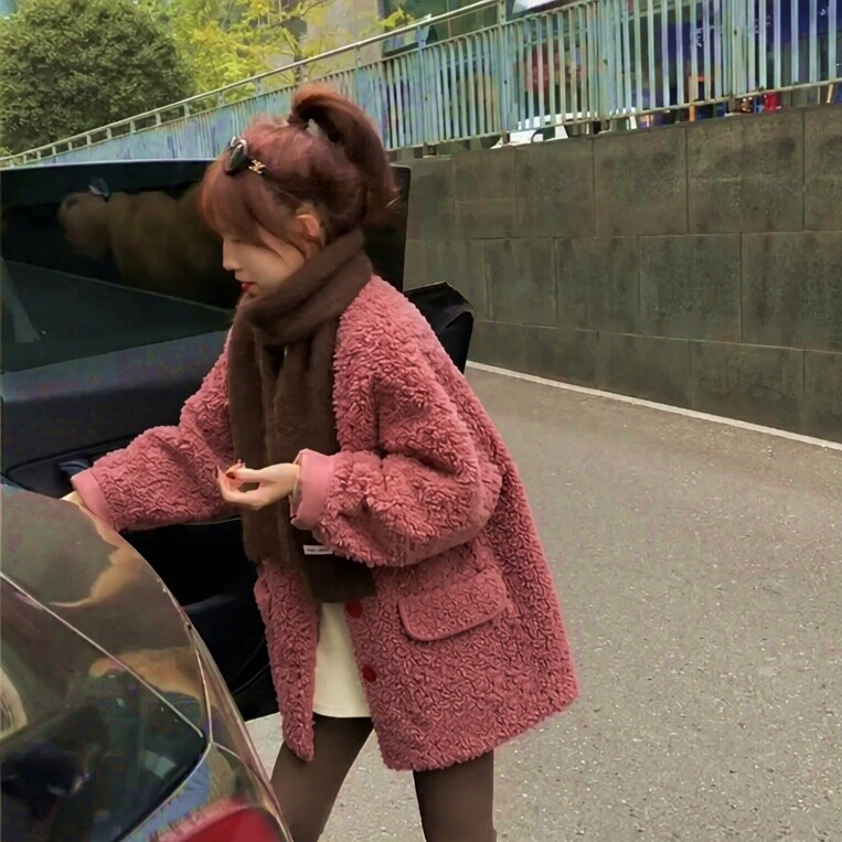羊羔毛毛真麂皮绒皮毛一体厚实草风衣上大衣外套棉衣服女春秋冬装