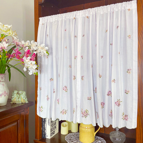 法式田园美式小清新手工纯棉绣花免打孔门帘柜帘窗帘遮挡半帘短帘