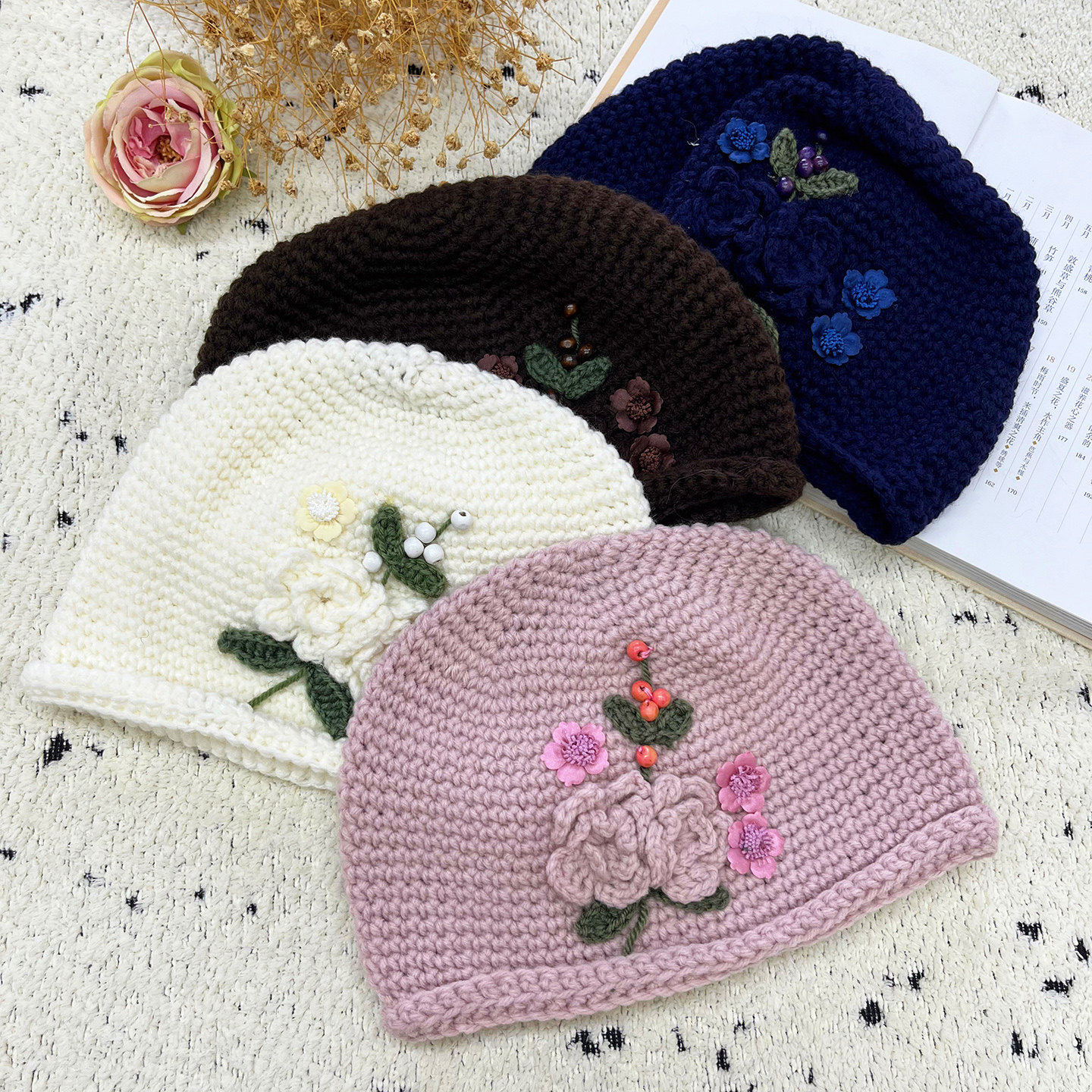 秋冬保暖时尚立体花朵手工针织包头帽毛线帽氛围感冷帽女套头帽,服饰配件/皮带/帽子/围巾,帽子,淘宝优惠券,粉丝福利购,淘宝优惠卷