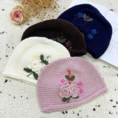 秋冬保暖时尚 立体花朵手工针织包头帽毛线帽氛围感冷帽女套头帽