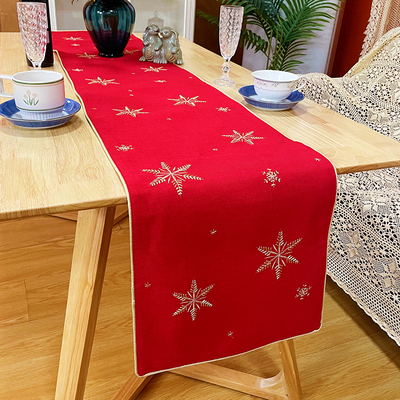 红色绣花雪花桌旗复古新年圣诞喜庆茶几餐桌柜子装饰长条盖布桌垫