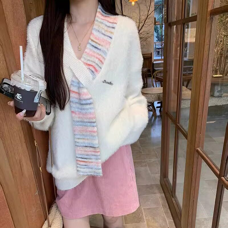 日系甜美彩色围脖拼接设计感针织衫女冬高级感软糯仿貂毛上衣外套