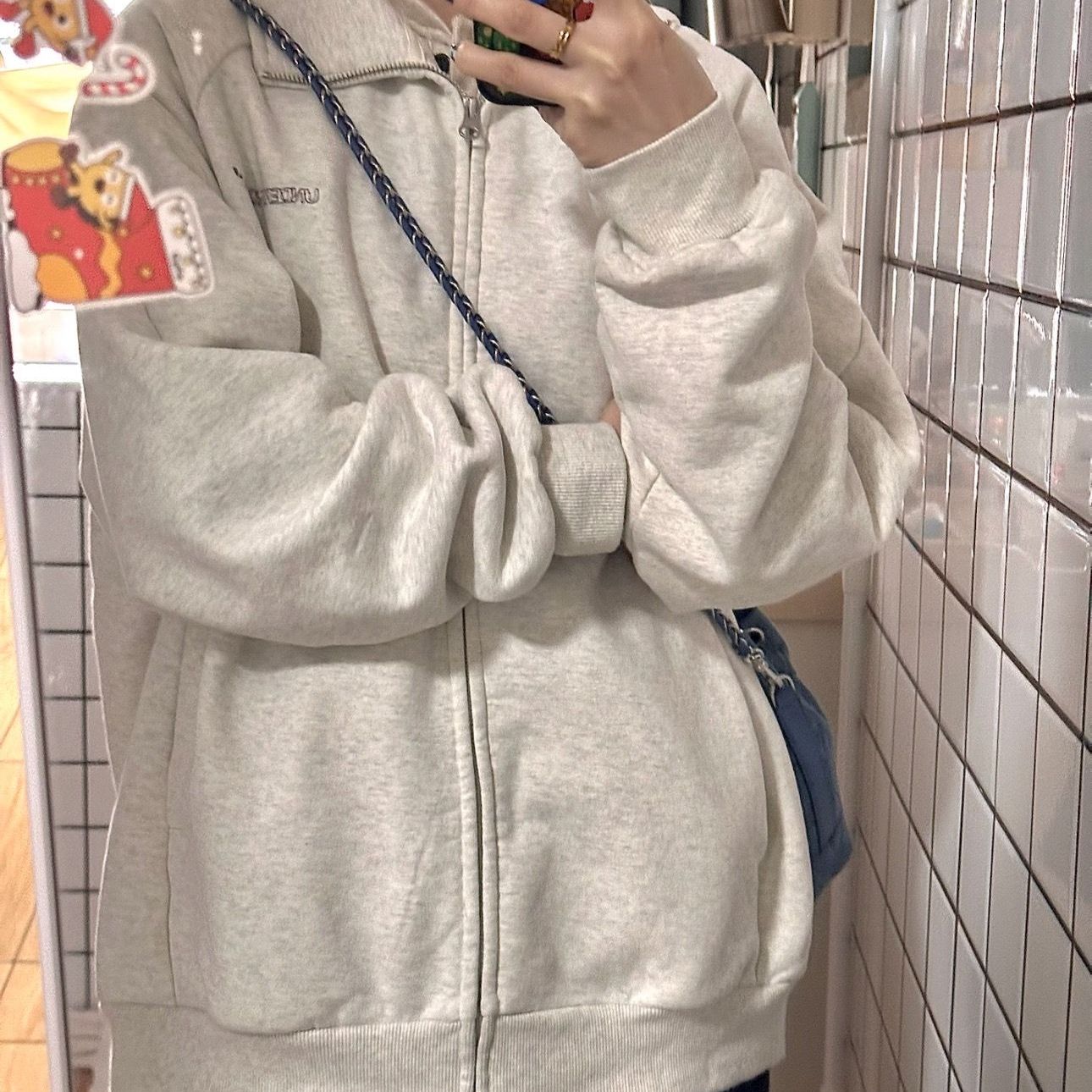 美式国潮字母刺绣开衫卫衣女秋宽松立领情侣外套冬季加绒灰色夹克