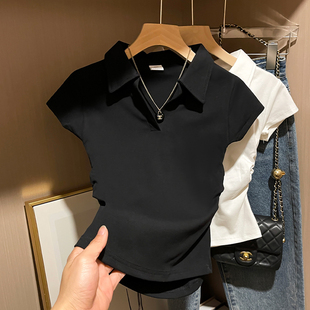 显瘦休闲百搭小众辣妹上衣 Polo领正肩短袖 T恤女夏季 新款 收腰修身