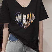 黑色竹节棉短袖t恤女2025新款宽松时尚纯棉爱心印花半袖体恤上衣