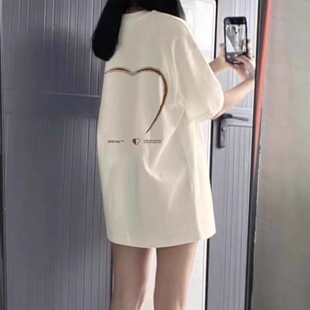 设计感宽松纯棉中长款 新款 胖mm上衣潮 t恤女夏季 白色正肩圆领短袖