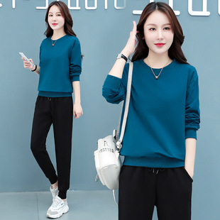 修身 纯色休闲运动套装 显瘦卫衣圆领两件套 时尚 韩版 女2021秋季 新款