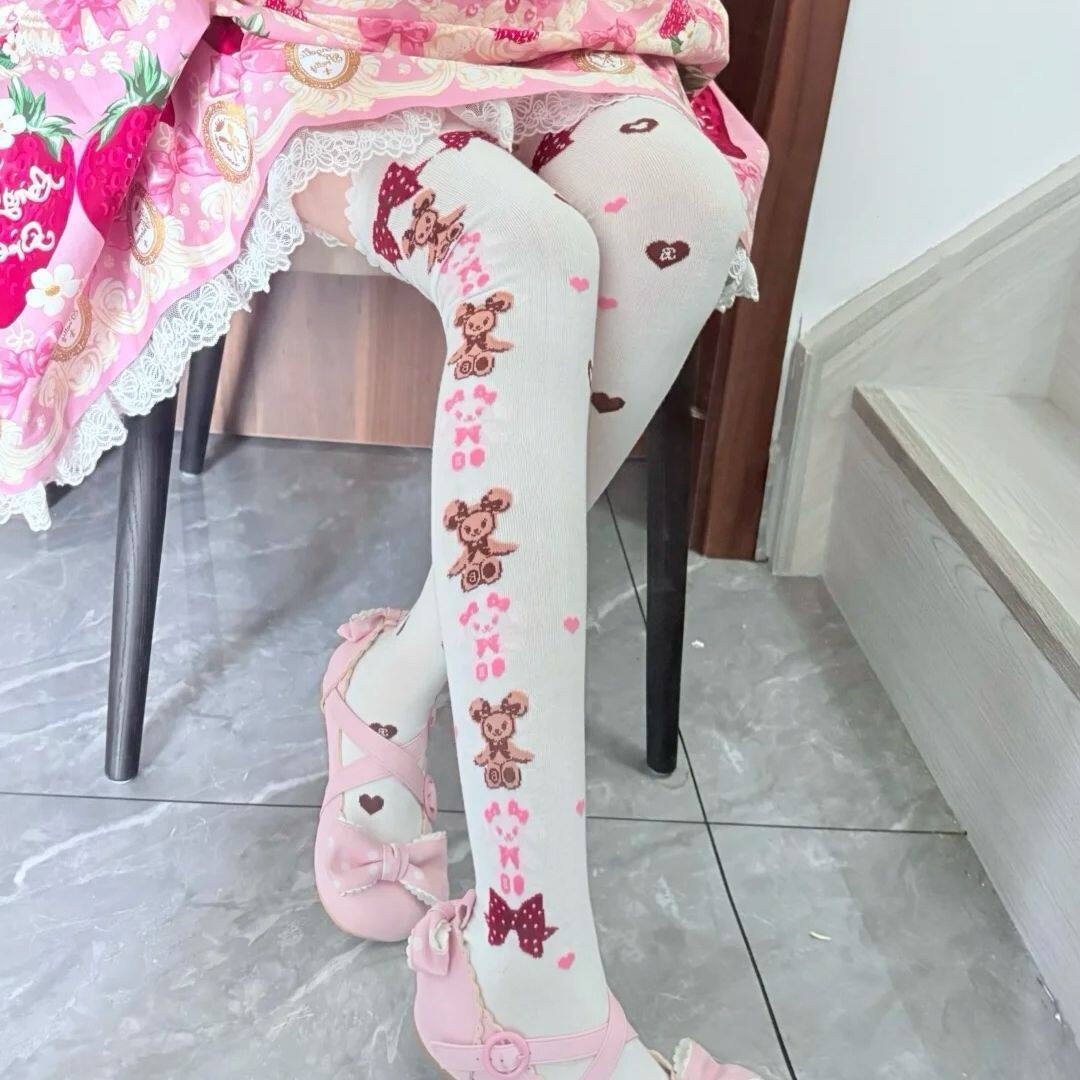 兔熊格子Lolita女过膝袜甜妹可爱纯棉洛丽塔袜子保暖百搭女长筒袜图片