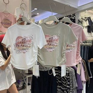 韩国东大门2026夏装新款美式爱心印花短袖t恤女抽绳褶皱圆领上衣
