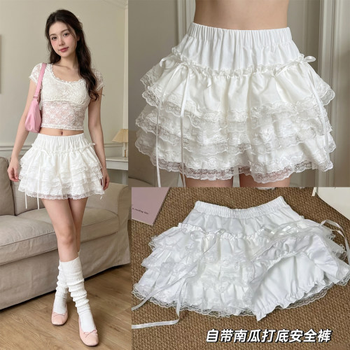 甜美白色蕾丝蛋糕裙辣妹半身裙a字蓬蓬裙小个子防走光芭蕾风短裙