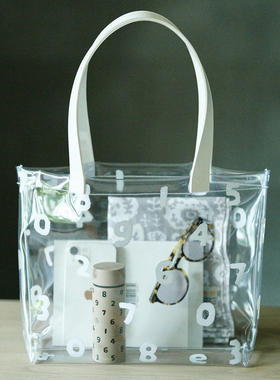 日本sou新款数字透明手提袋夏日文艺清新PVC托特包简约清新手拎包