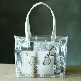 数字透明手提袋夏日文艺清新PVC托特包简约清新手拎包 日本sou新款