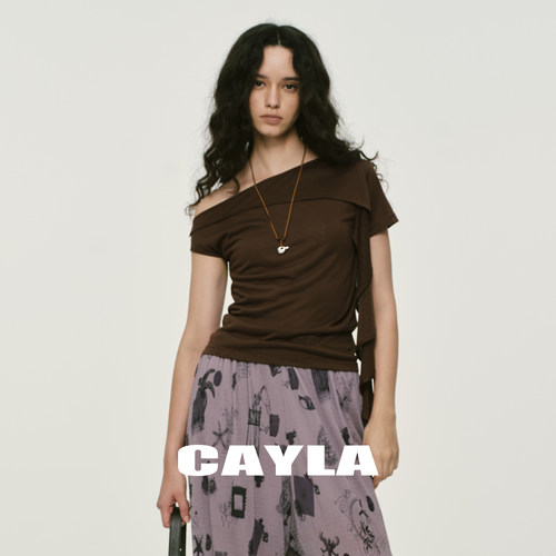 天丝木耳边斜肩短袖修身T恤