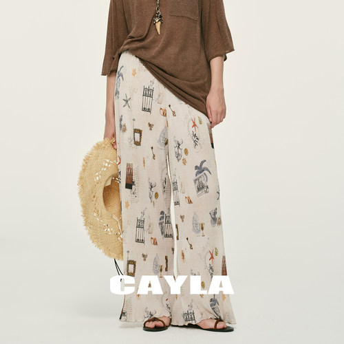 印花褶皱直筒宽松休闲阔腿裤