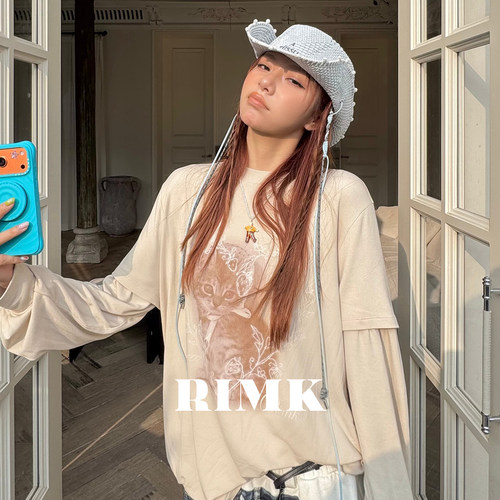 RIMK早春复古猫咪假两件糯米T