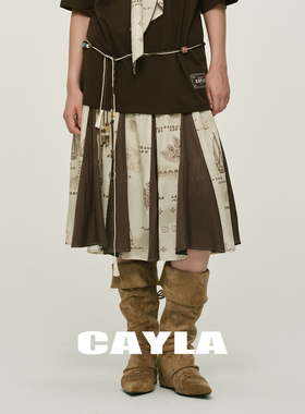 CAYLA天丝亚麻复古印花拼接撞色中长款半裙新款042