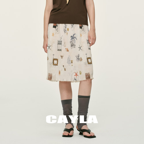 地中海风情印花褶皱直筒半身裙