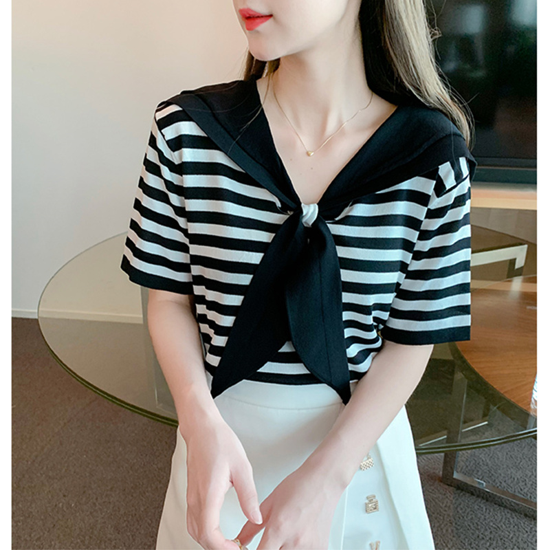 小香风海军领系带冰丝针织衫女夏薄款短袖小个子冰冰凉凉条纹上衣