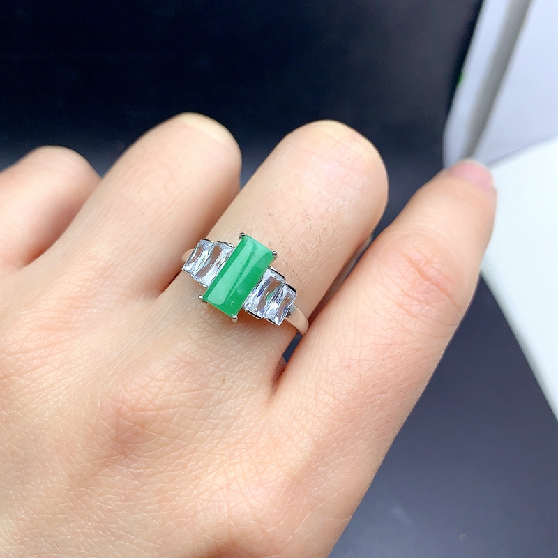 S925银长方形戒指指环银空托5*10mm 代镶嵌翡翠玉石碧玺水晶等