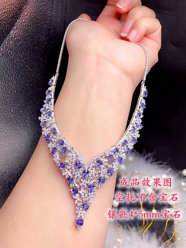 S925纯银锁骨链链牌银空托项链尺寸4*5mm时尚流行奢华宴会晚礼款