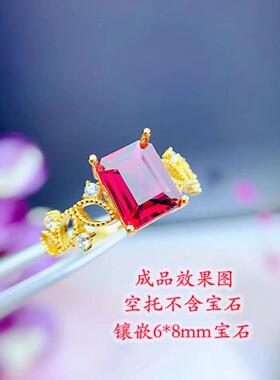女纯银戒指长方空托网红简约名媛