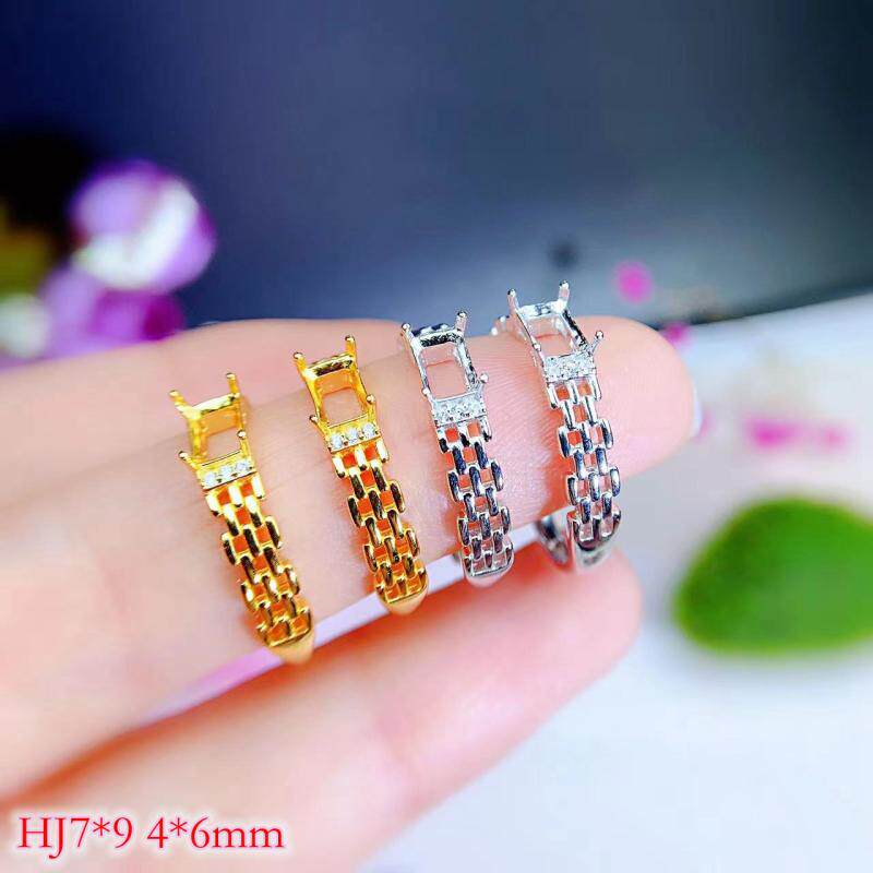 新S925纯银简约镂空戒指银空托长方形尺寸4*6mm镶尖晶碧玺水晶等