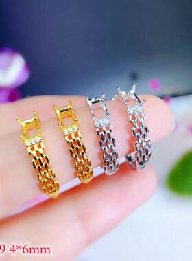 女纯银长方形戒指空托简约百搭