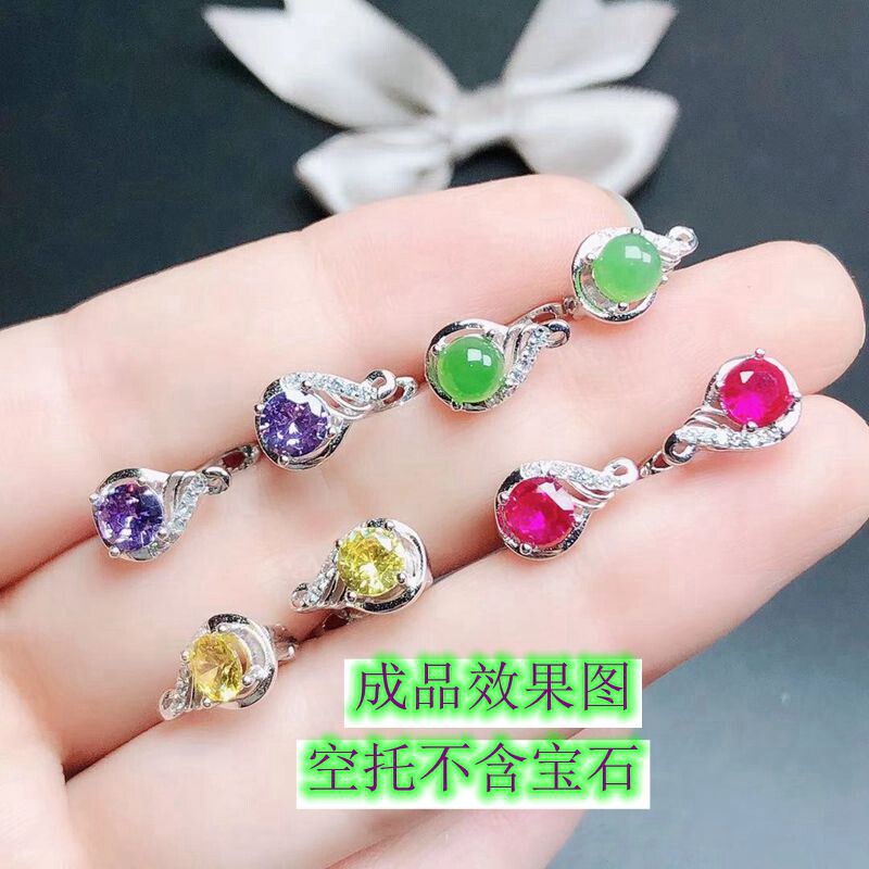 S925银50分莫桑钻耳钉耳环 空托圆5mm可镶嵌钻石水晶石榴石托帕等