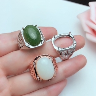 S925银 男戒 时尚款 活口戒指空托大尺寸13*18mm可镶嵌蜜蜡松石等