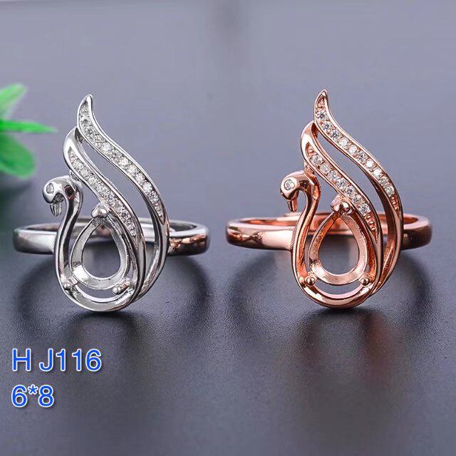 S925银女天鹅水滴戒指空托6*8mm来石代镶嵌彩宝裸石精工欧美流行