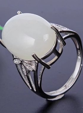 大尺寸镶嵌翡翠碧玉戒指银空托