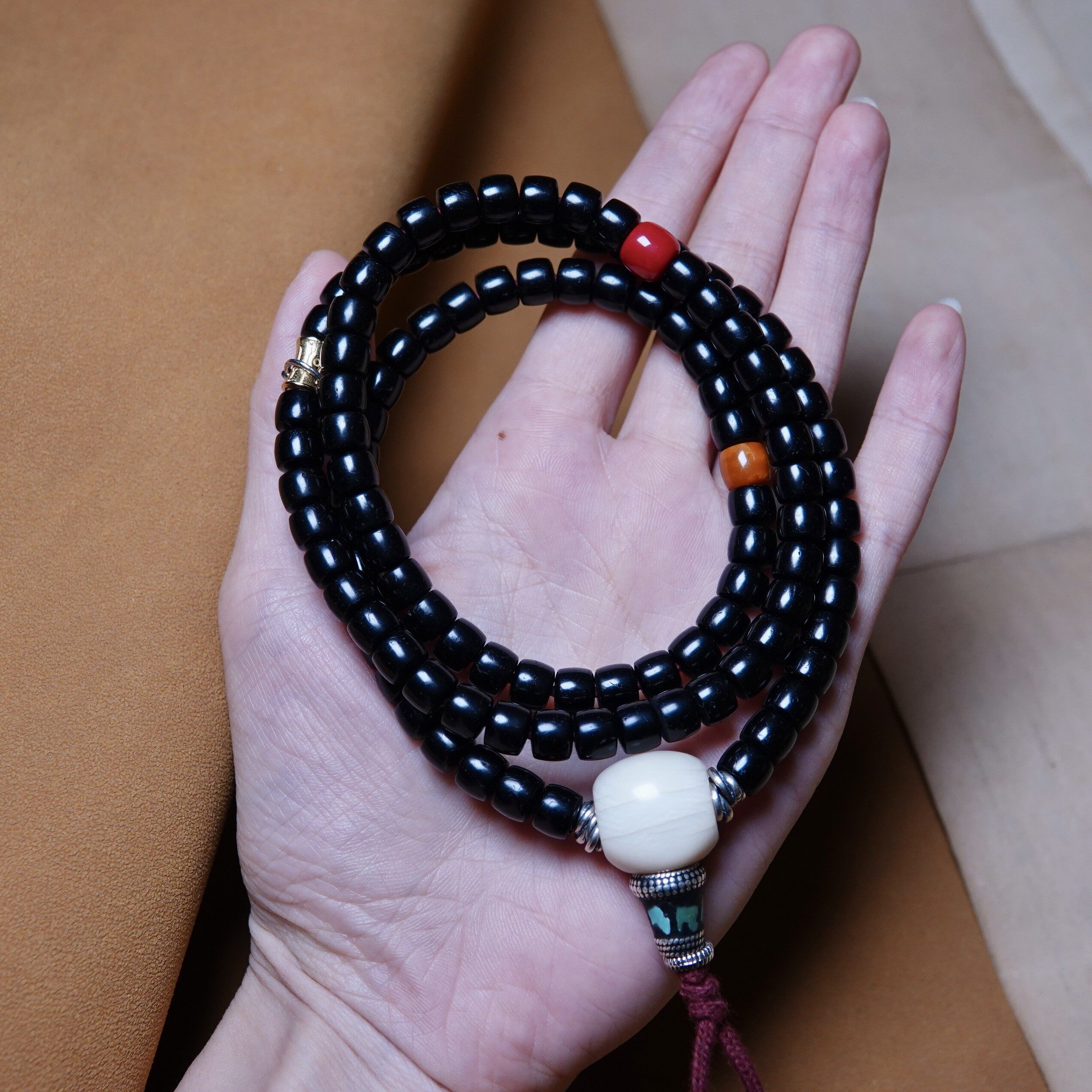 7mm老型藏式老椰蒂佛珠全皮一套老蜜蜡红琉璃高白佛头文玩随身