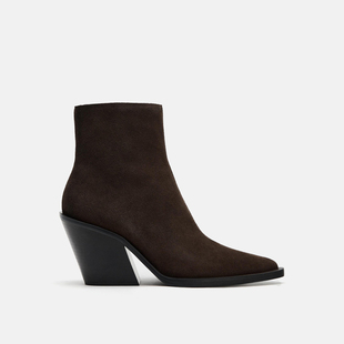 ZA2025秋冬新款女靴咖啡色尖头高跟靴加绒法式气质靴子女粗跟短靴