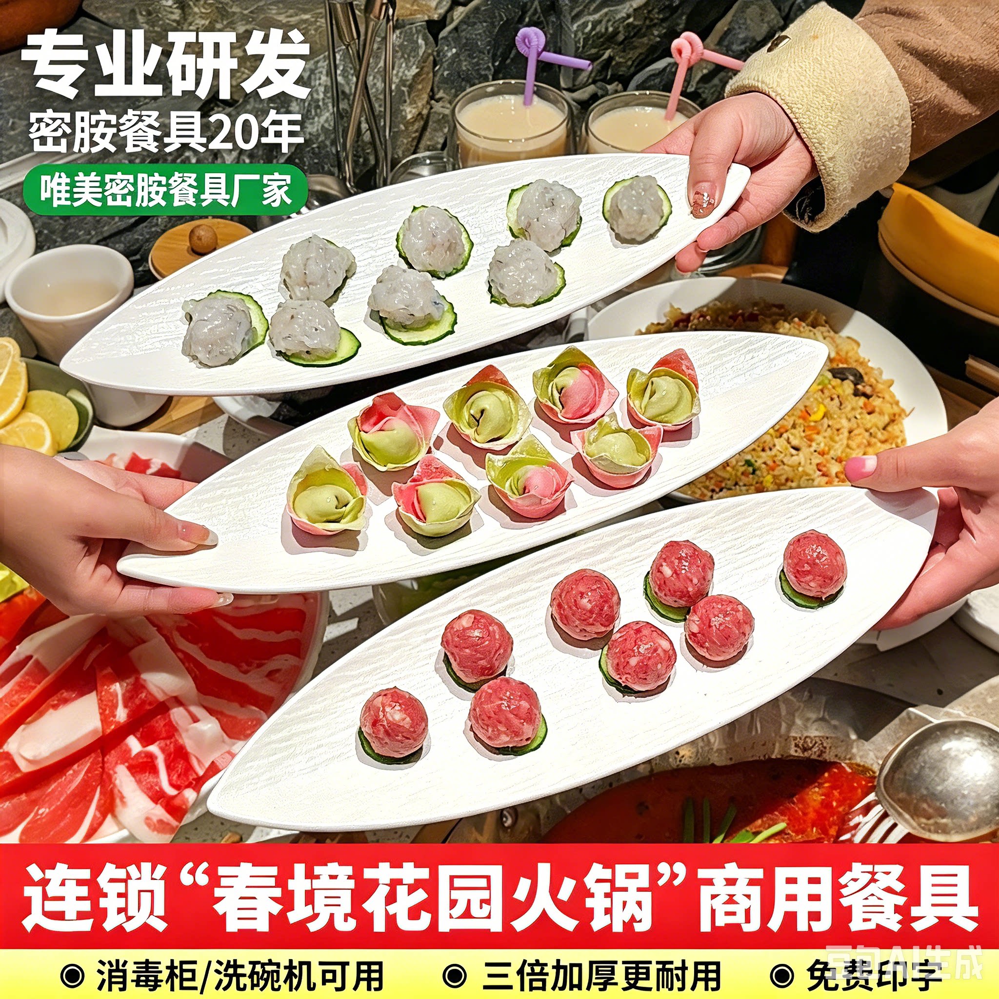 春境花园火锅同款密胺餐具商用餐厅寿司刺身摆盘创意长条小吃盘子