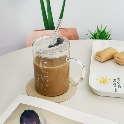 水杯玻璃杯女高颜值刻度牛奶杯咖啡杯便携早餐豆浆杯新款2023杯子