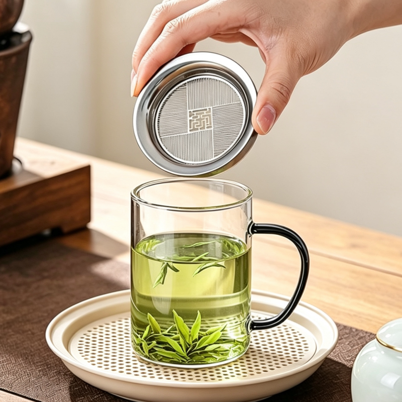 玻璃茶水分离耐热飘逸杯金属滤网图片