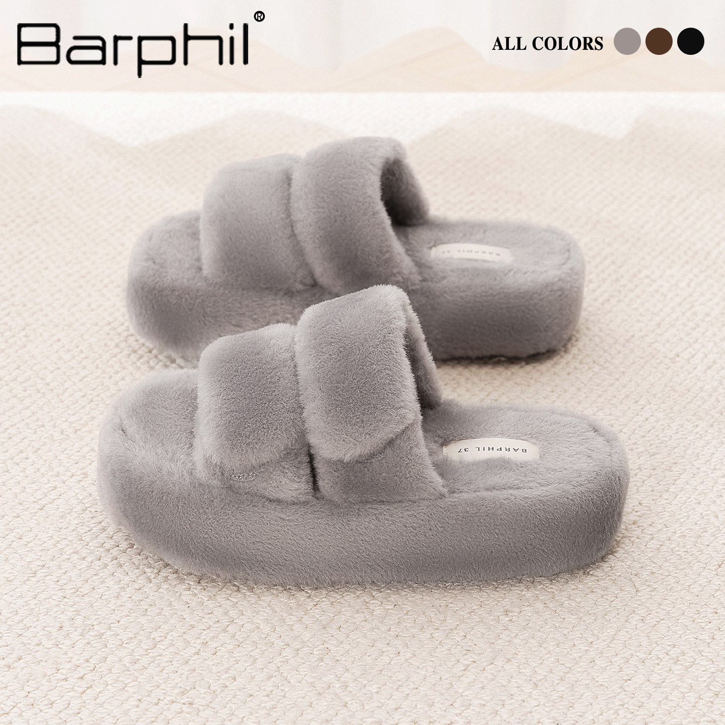 Barphil厚底毛毛拖鞋秋冬保暖外穿防滑高级棉拖鞋平底网红