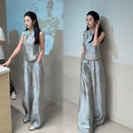 新中式两件套女2026夏季立领盘扣无袖马甲高腰阔腿长裤时尚套装