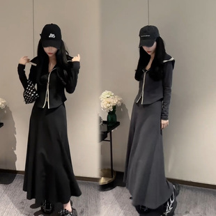 显瘦休闲长袖套装开衫卫衣秋季新款鱼尾半身裙连帽外套两件套长裙