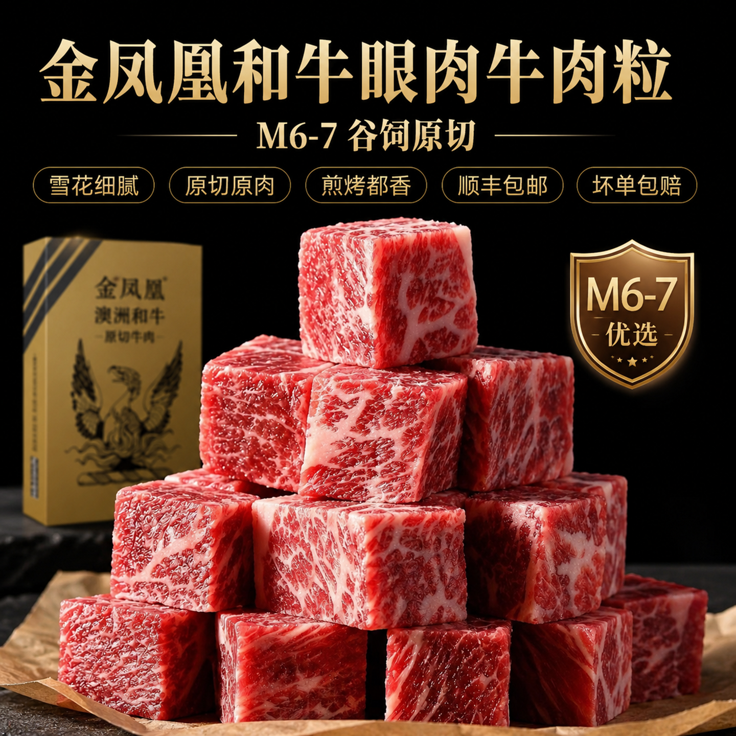 金凤凰澳洲进口和牛谷饲原切西冷眼肉M7雪花牛肉粒烧烤肉露营食材