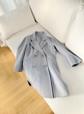 版型超好～名媛风收腰喇叭袖金属扣雾霾蓝双面呢大衣中长款