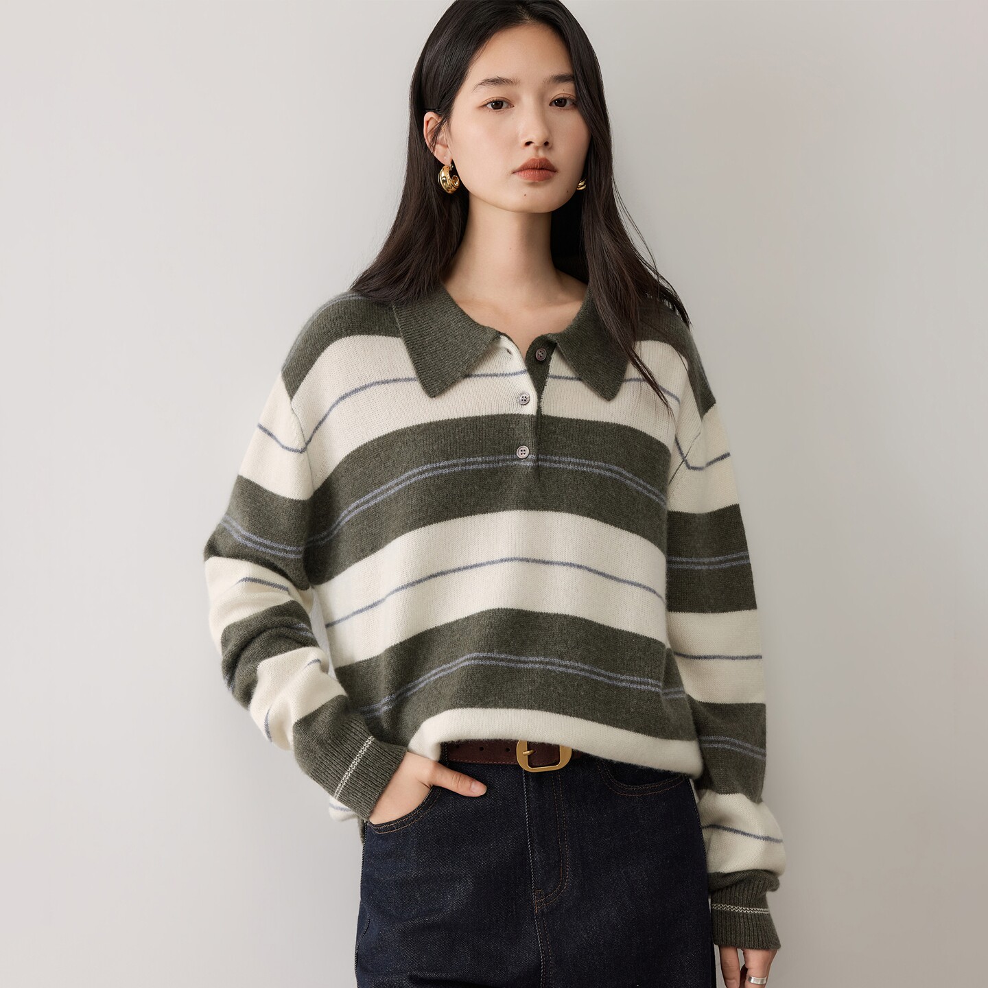 POLO领条纹撞色羊绒衫女长袖