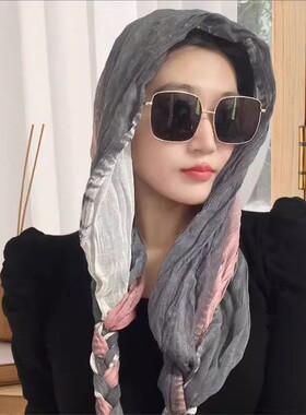 春夏2025新款渐变压皱棉麻辫子头巾遮阳旅游拍照围巾时尚百搭丝巾